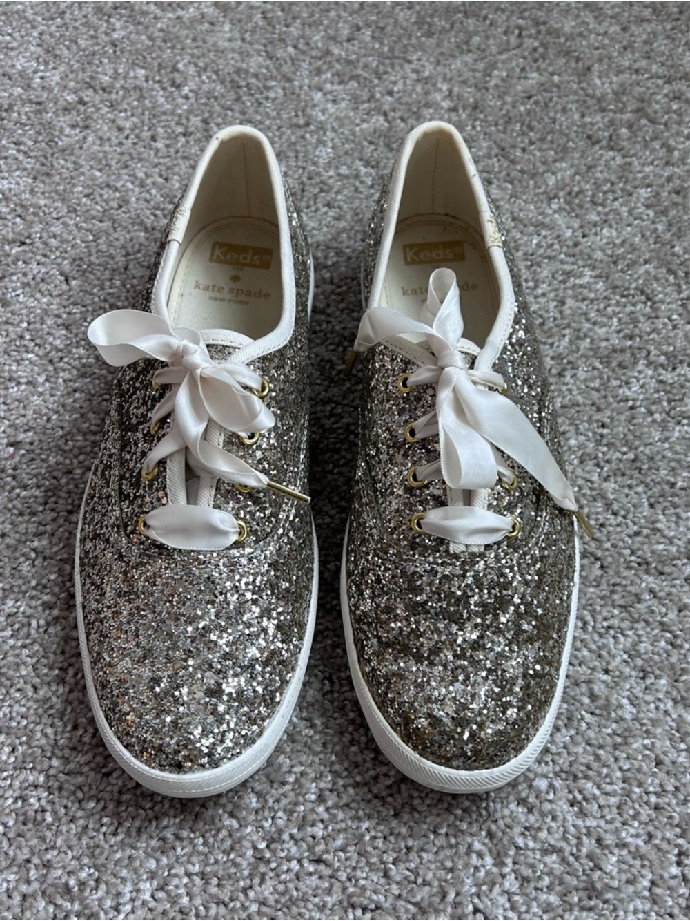 Keds x Kate Spade Glitter Sneakers Womens Size 8 Champagne Silver Ribbon Laces - Picture 2 of 12